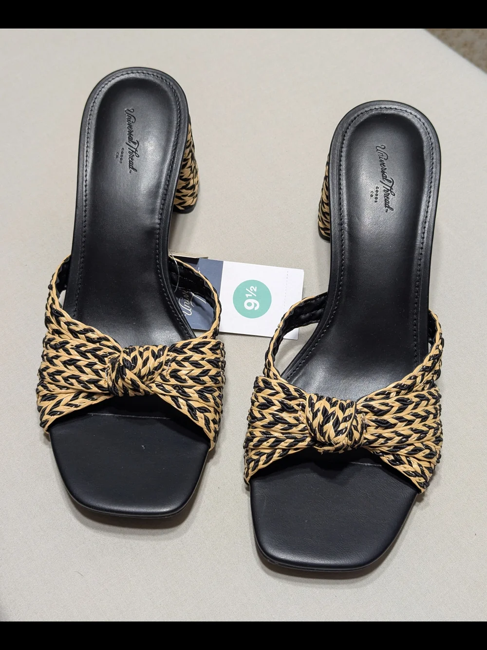 Universal Thread Black and Natural Woven Knot Slide Heels